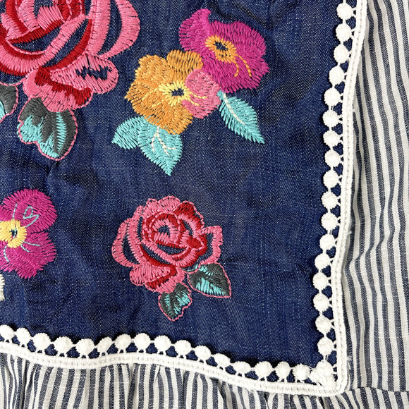 Savanna Jane Embroidered Tunic Top Women 1X Blue Floral Striped Boho Cottage NEW - Picture 7 of 16